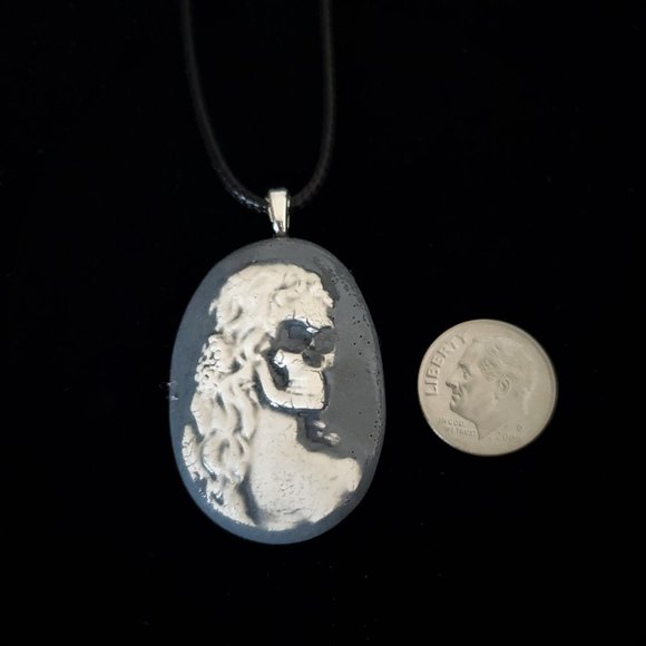 Handmade Ceramic Grey Skull Cameo Pendant Necklace - Picture 9 of 15